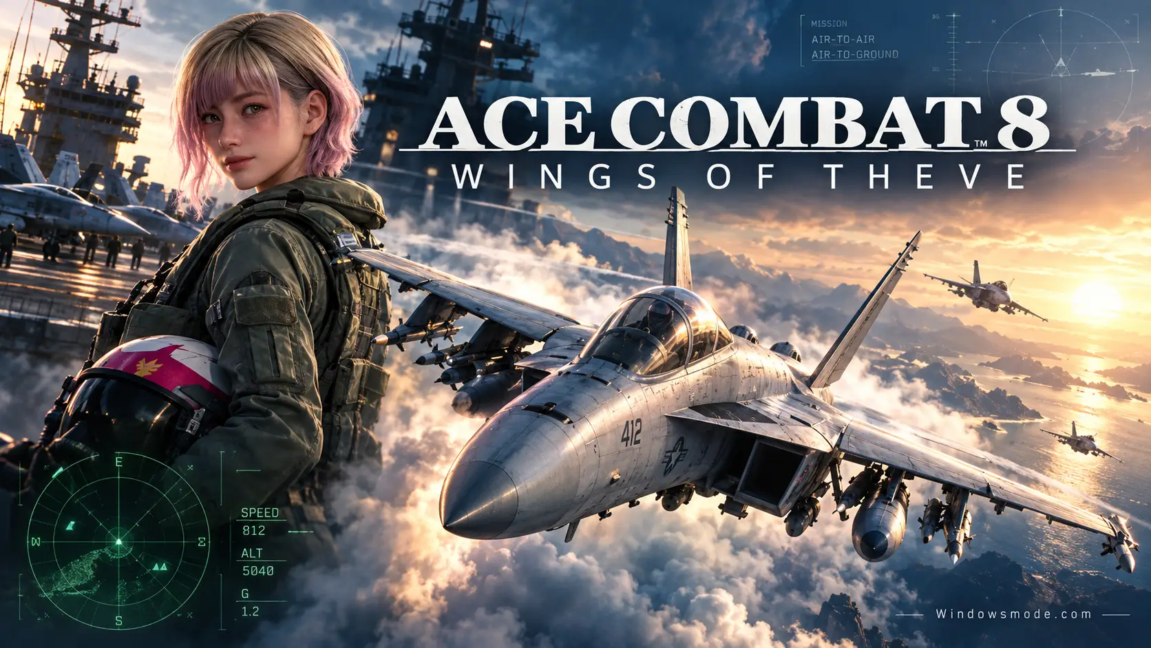 A pink-haired pilot in a green flight jacket holds her helmet on an aircraft carrier deck as an F/A-18 fighter jet flies over the clouds at sunset beneath the Ace Combat 8 Wings of Theve logo