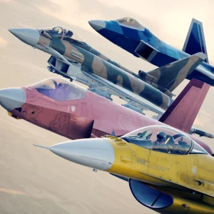 Four fighter jets in custom paint schemes, pink, yellow, blue and desert camo, flying in close formation in Ace Combat 8
