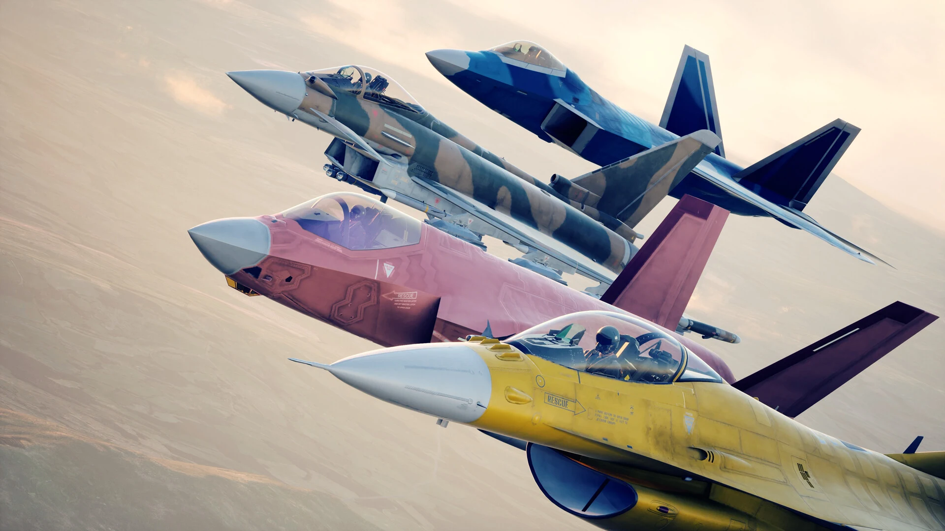 Four fighter jets in custom paint schemes, pink, yellow, blue and desert camo, flying in close formation in Ace Combat 8