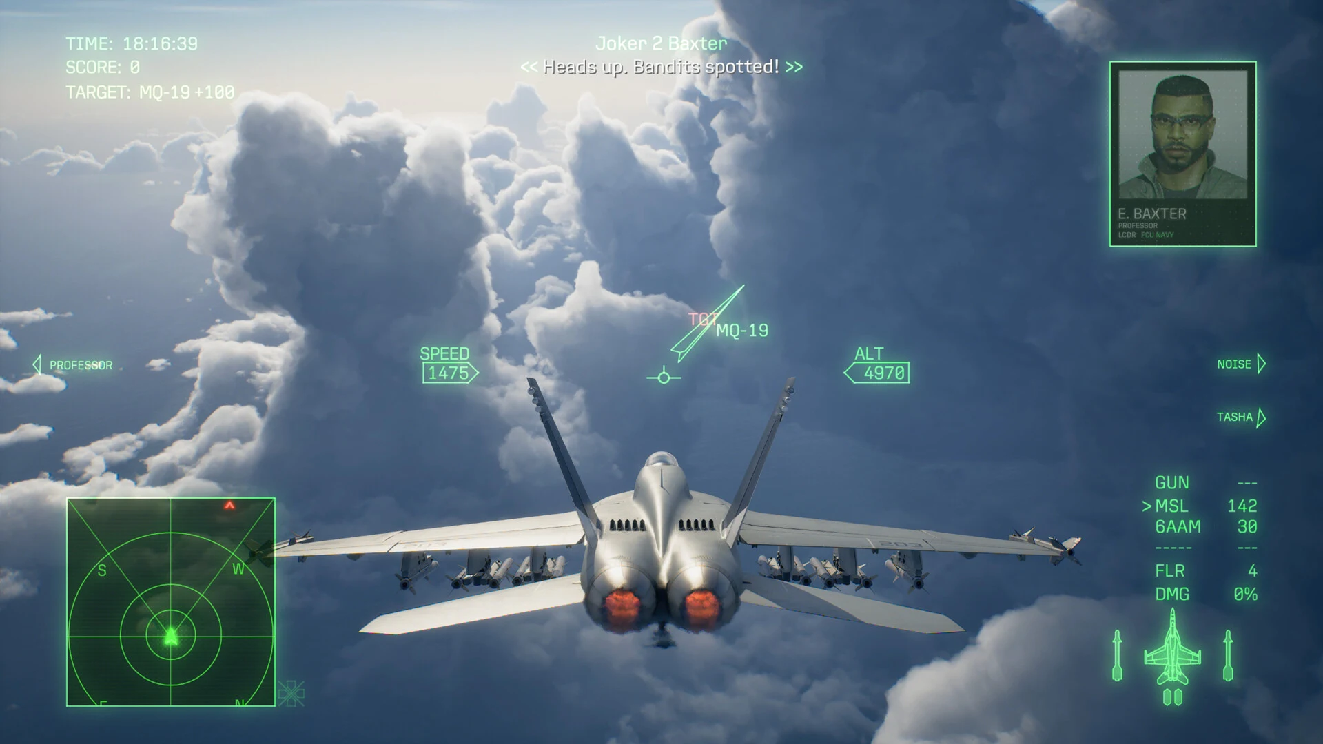 An F/A-18 flies toward towering clouds in third-person view with a green HUD, radar, missile count and a radio message from wingman Baxter