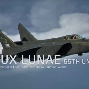Two dark gray enemy fighter jets fly through cloudy skies under the Lux Lunae 55th Unit title card and squadron emblem