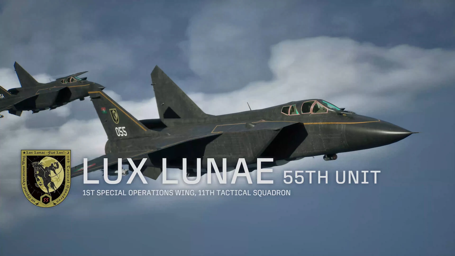 Two dark gray enemy fighter jets fly through cloudy skies under the Lux Lunae 55th Unit title card and squadron emblem