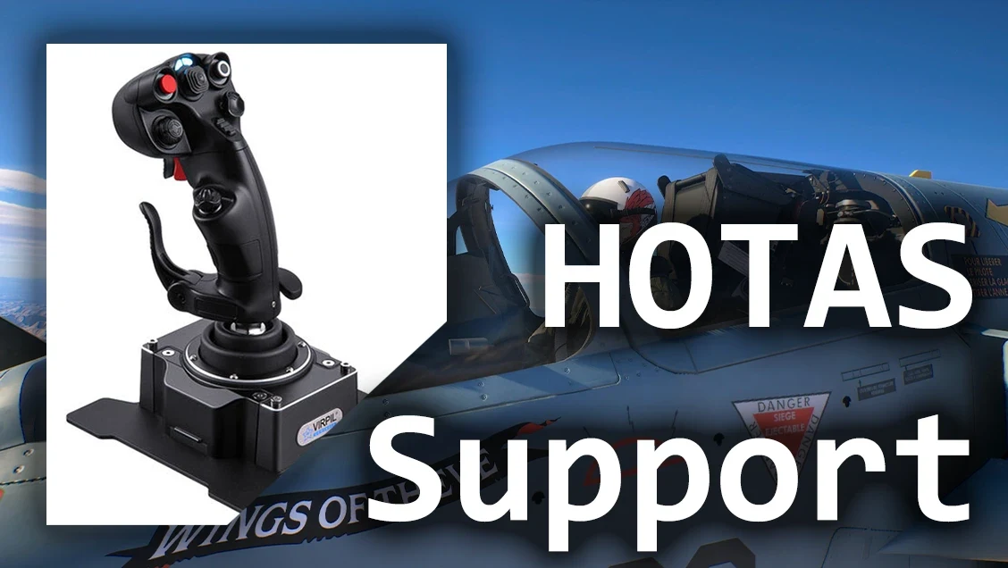The AC8 HOTAS Support mod banner with a flight stick next to a fighter jet cockpit and the word HOTAS