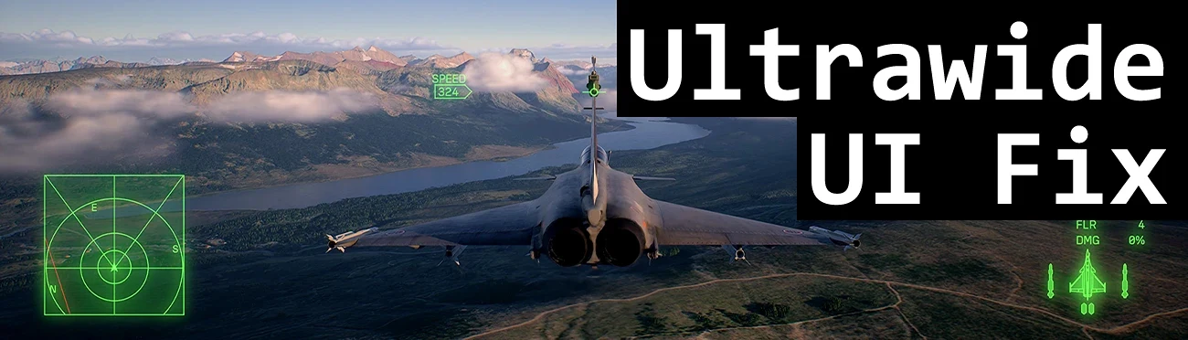 The AC8 Ultrawide UI Fix banner, showing a jet over mountains on an ultrawide screen with the radar moved to the edge