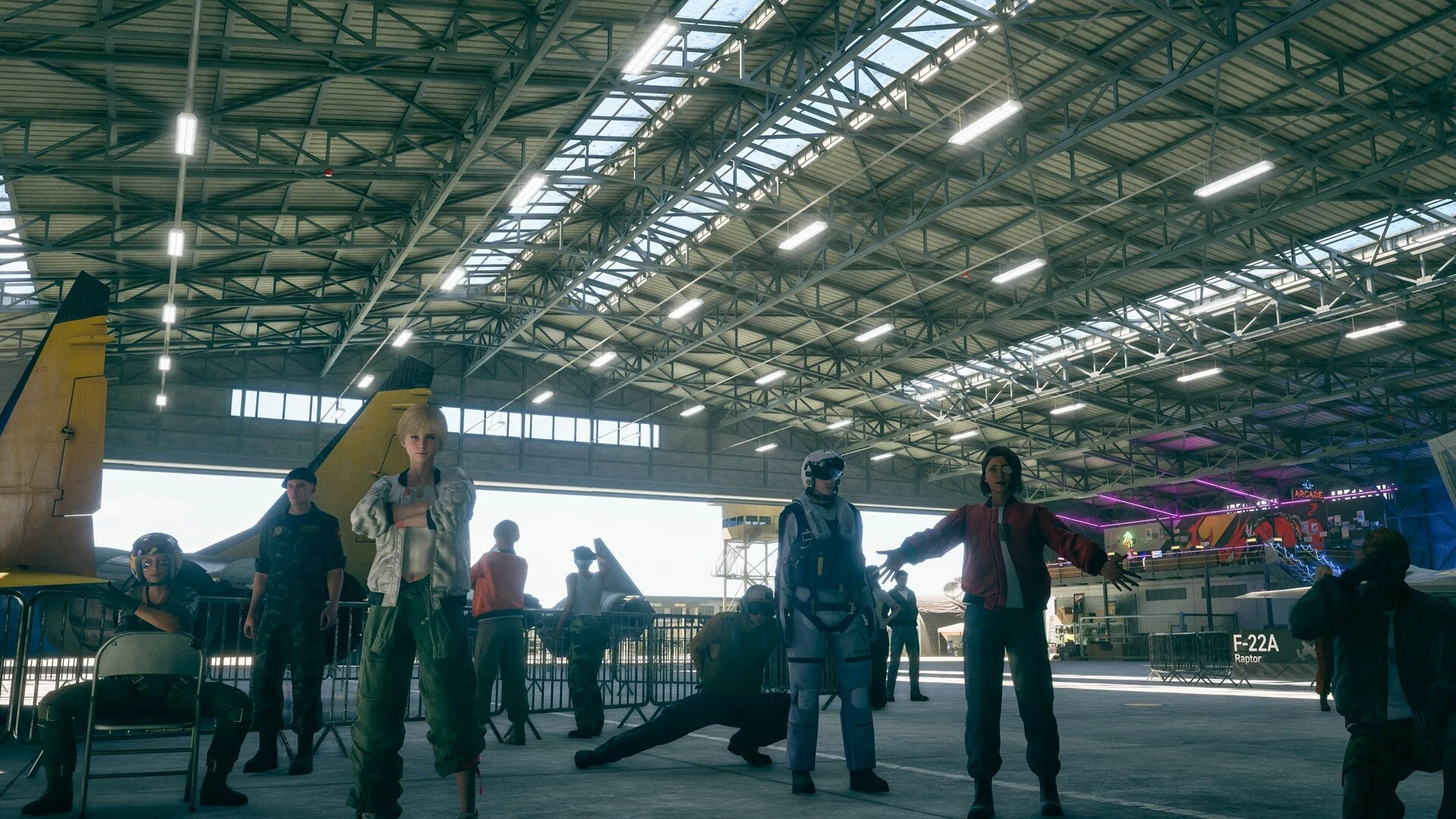 Player avatars in flight suits and jackets stand around a large hangar in the Ace Combat Online air base lobby, with jets parked behind them