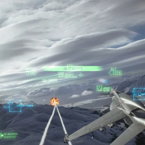 An F/A-18 fires missiles at radar towers over snowy mountains, with explosions on the ground and a Destroyed message on the HUD