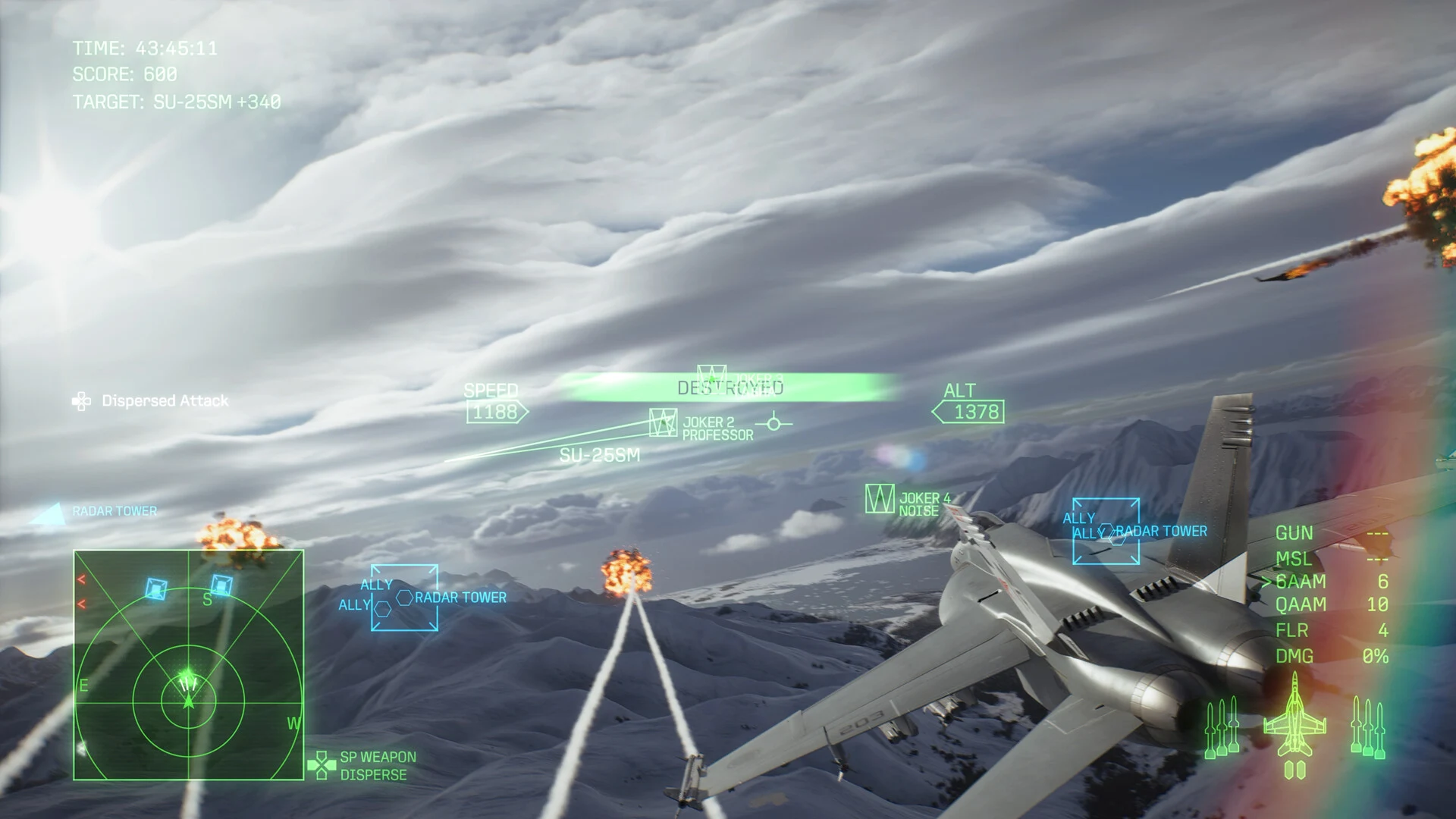 An F/A-18 fires missiles at radar towers over snowy mountains, with explosions on the ground and a Destroyed message on the HUD