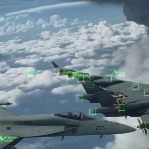 Jets fly over a sea of white clouds while the HUD marks enemy targets and shows the radar, speed and altitude