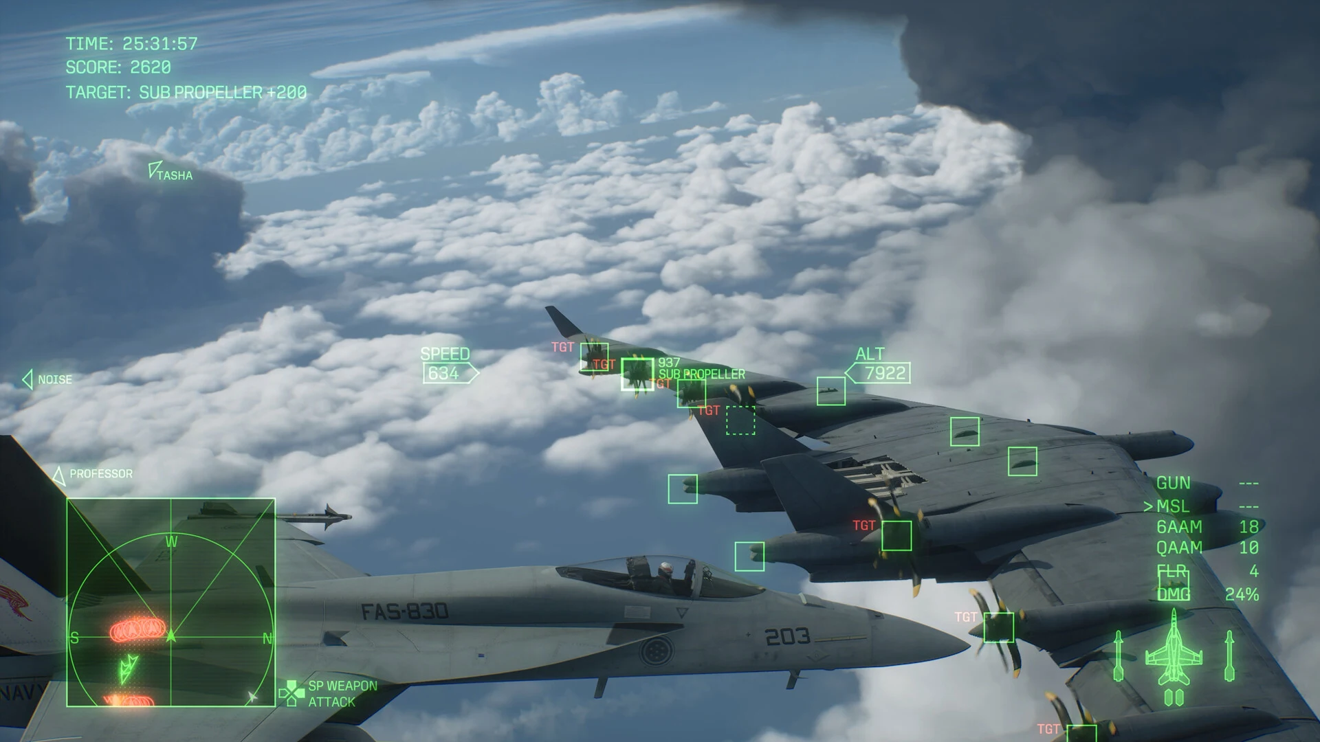 Jets fly over a sea of white clouds while the HUD marks enemy targets and shows the radar, speed and altitude