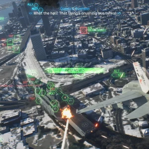 An F/A-18 attacks swarm drones above a snowy city with skyscrapers and a highway, while an ally radios that the drones are crushing their tanks