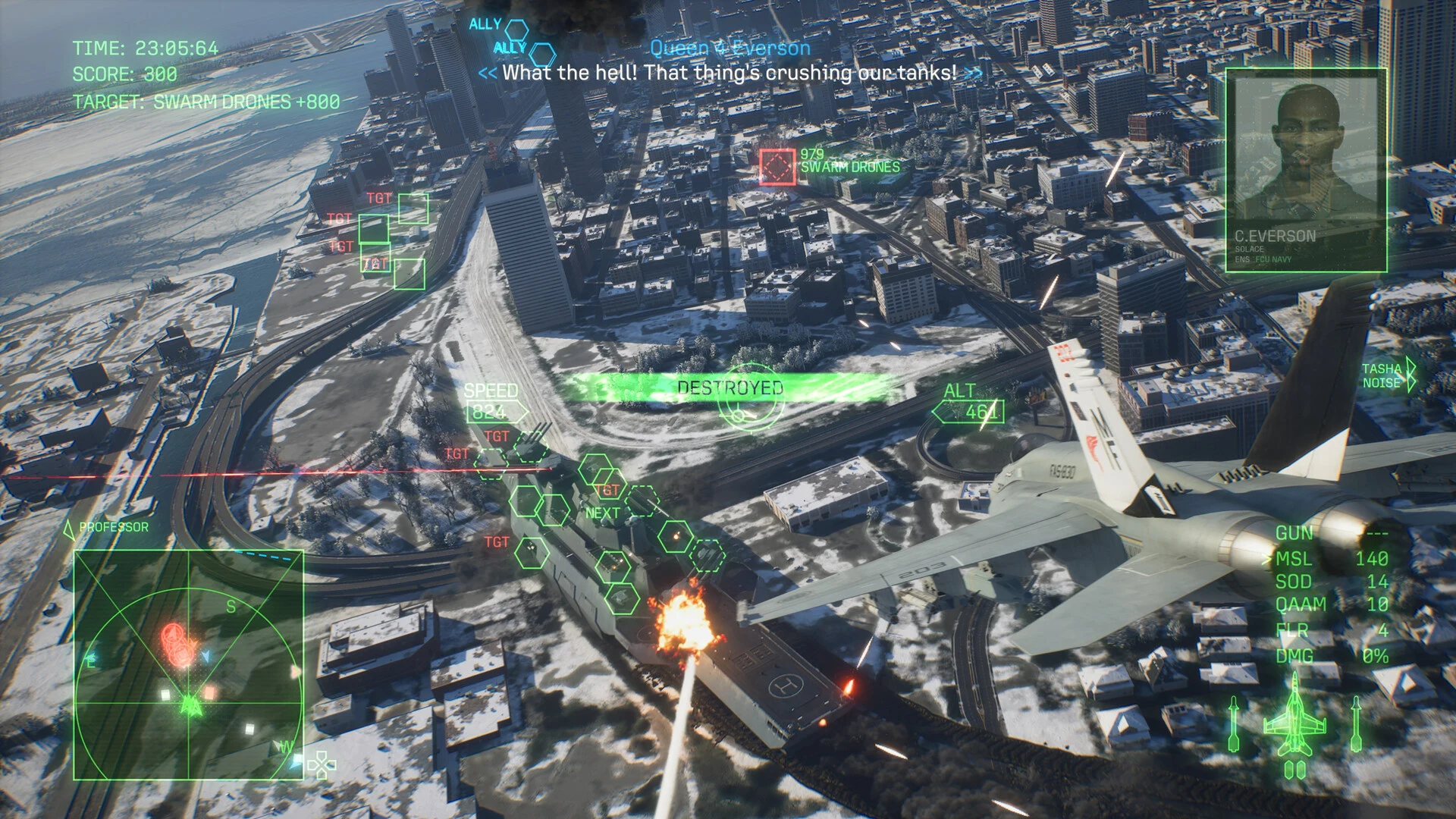 An F/A-18 attacks swarm drones above a snowy city with skyscrapers and a highway, while an ally radios that the drones are crushing their tanks