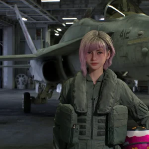 A pilot with pink hair in a green flight suit holds her helmet in a carrier hangar, standing in front of a parked fighter jet