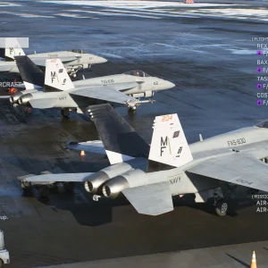 The hangar menu in Ace Combat 8 with options to select aircraft, special weapons, wingmen aircraft and parts, with F/A-18 jets on deck
