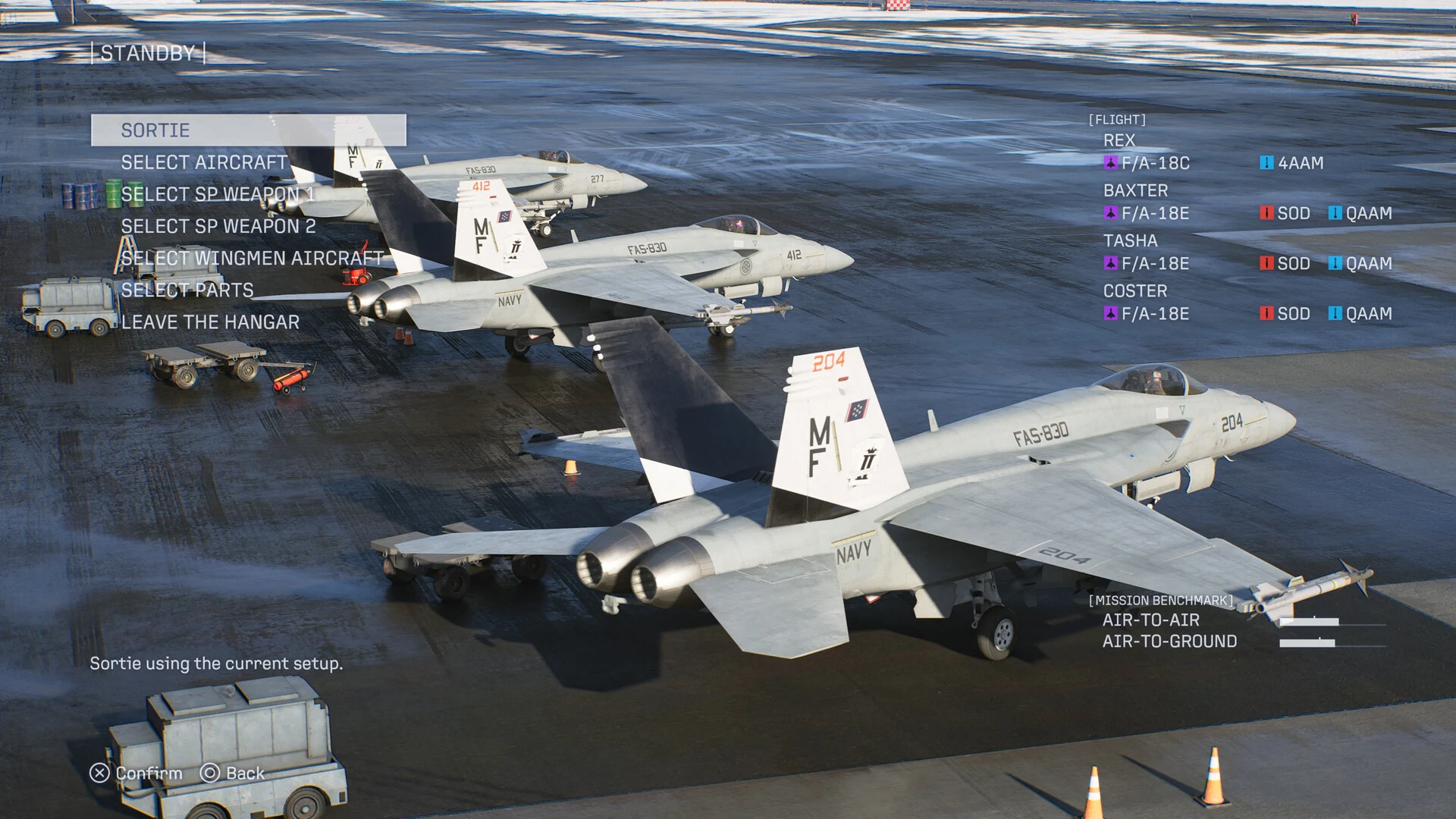 The hangar menu in Ace Combat 8 with options to select aircraft, special weapons, wingmen aircraft and parts, with F/A-18 jets on deck