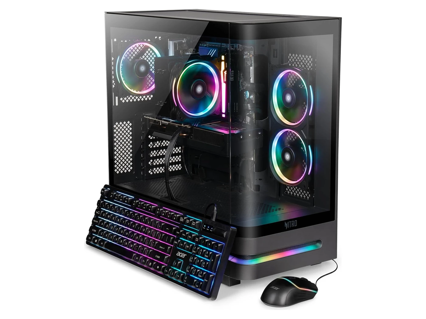 Acer Nitro 85 gaming desktop with a curved glass front and side panel, four RGB fans, and a lit keyboard and mouse