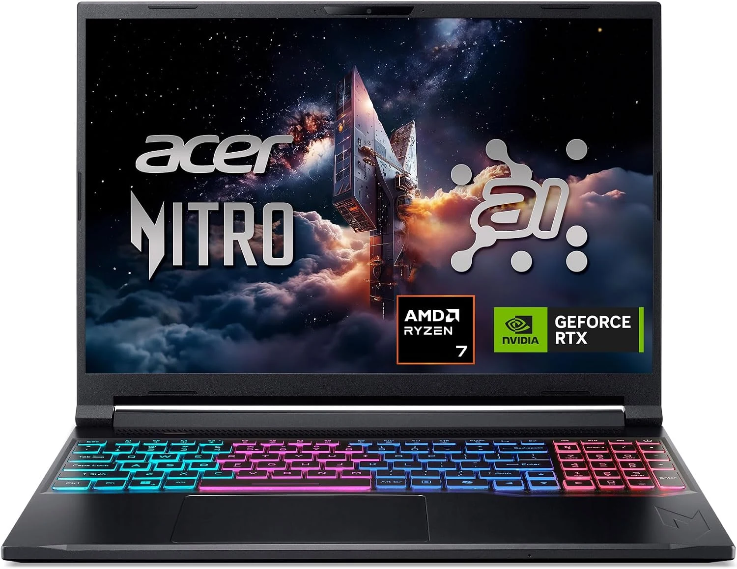 Front view of an open Acer Nitro V 16S AI laptop with a multicolor backlit keyboard and the Nitro logo on screen