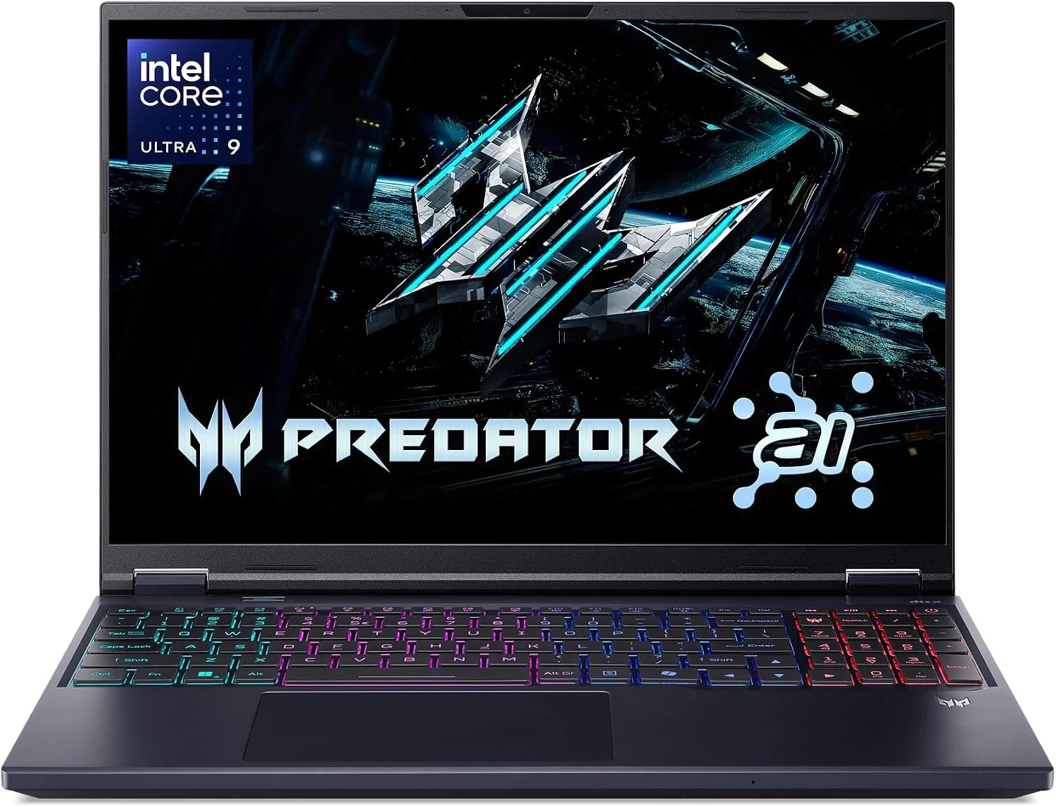Front view of an open Acer Predator Helios Neo 16 AI laptop with an RGB keyboard and the Predator logo on screen