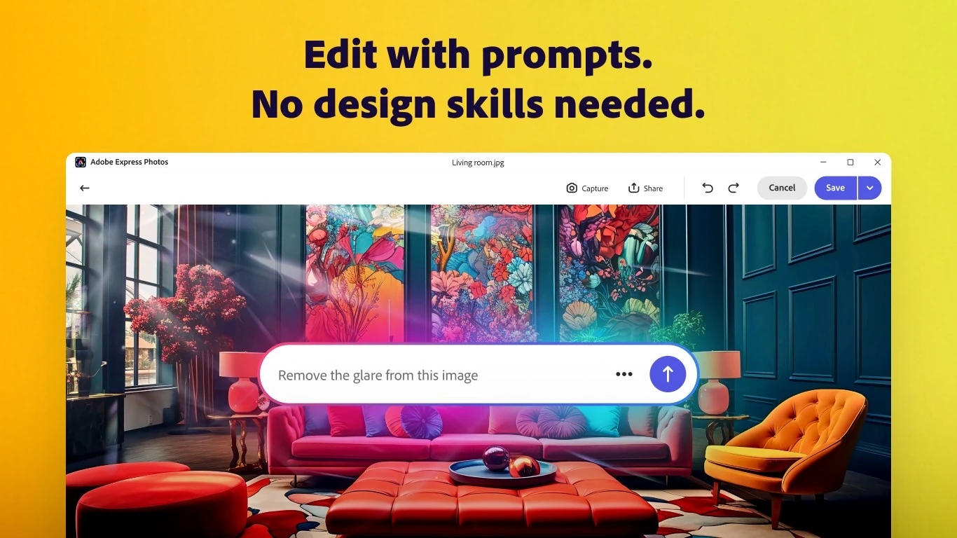 Adobe Express Photos window on Windows with the AI Assistant prompt box asking to remove the glare from a colorful living room photo