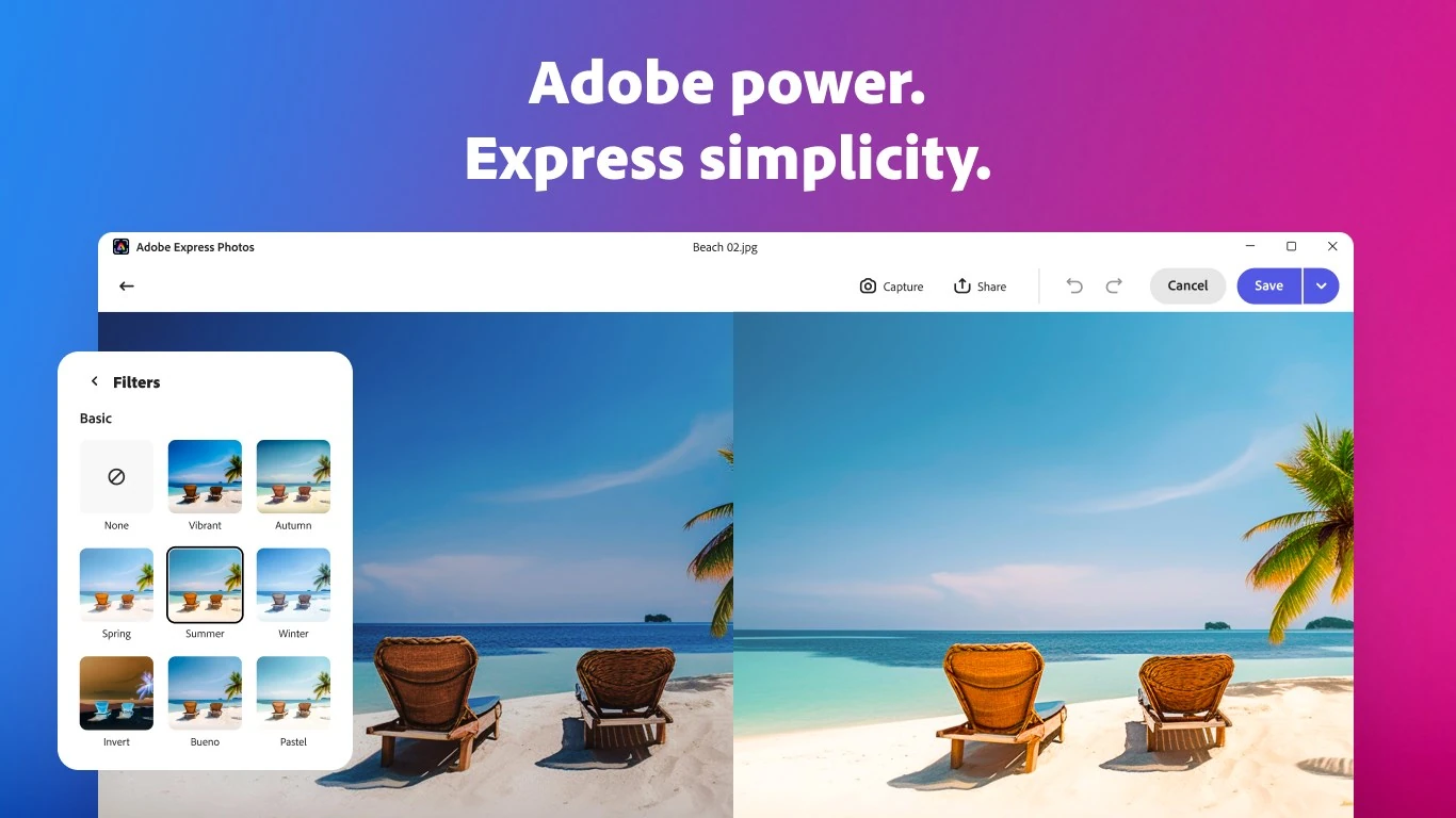 Adobe Express Photos Filters panel with Vibrant, Summer and Pastel presets beside a split before and after beach photo