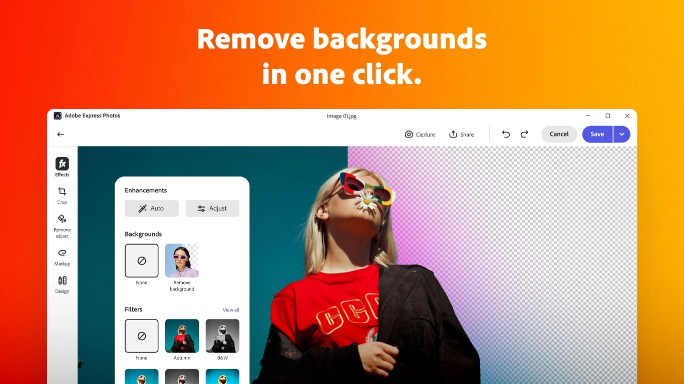 Adobe Express Photos removing the background from a portrait of a woman in sunglasses, half shown with the original backdrop and half transparent