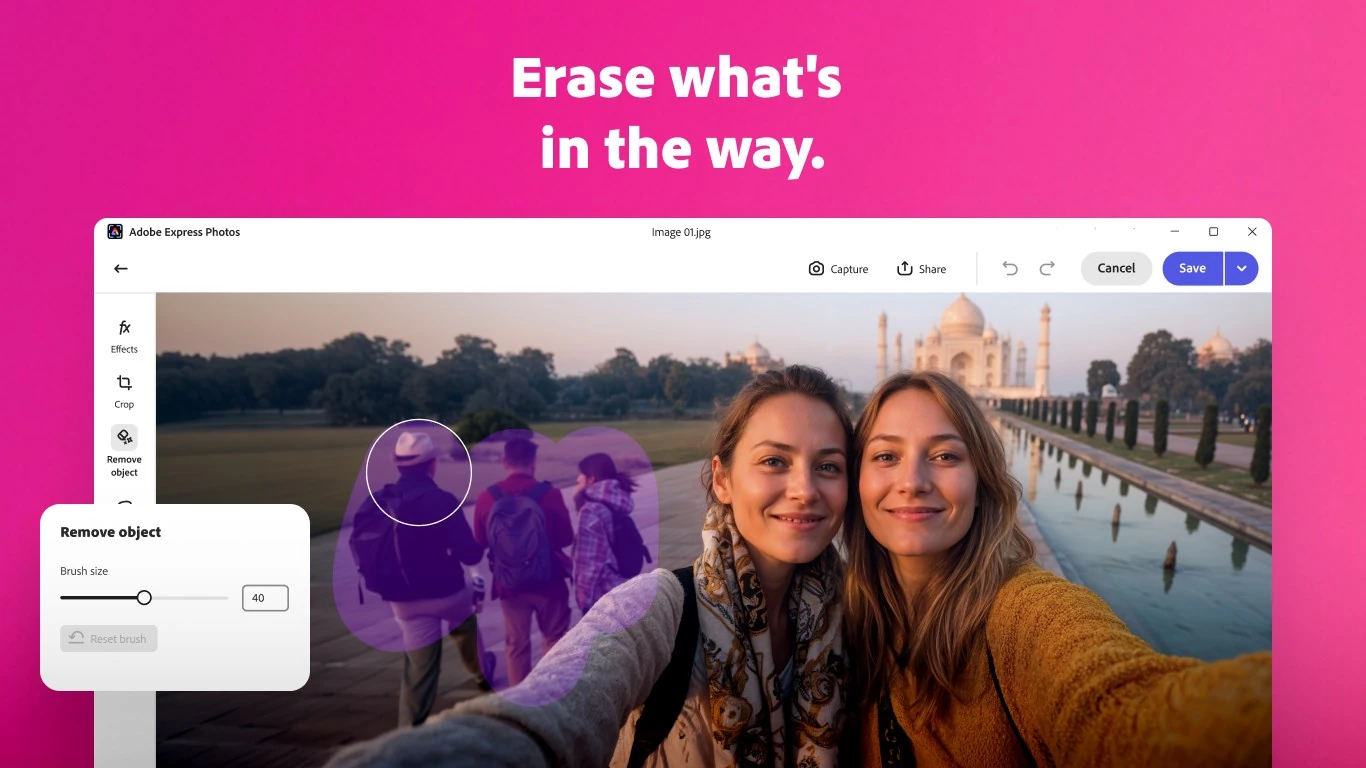 Adobe Express Photos Remove object brush painting over tourists behind two friends taking a selfie in front of the Taj Mahal