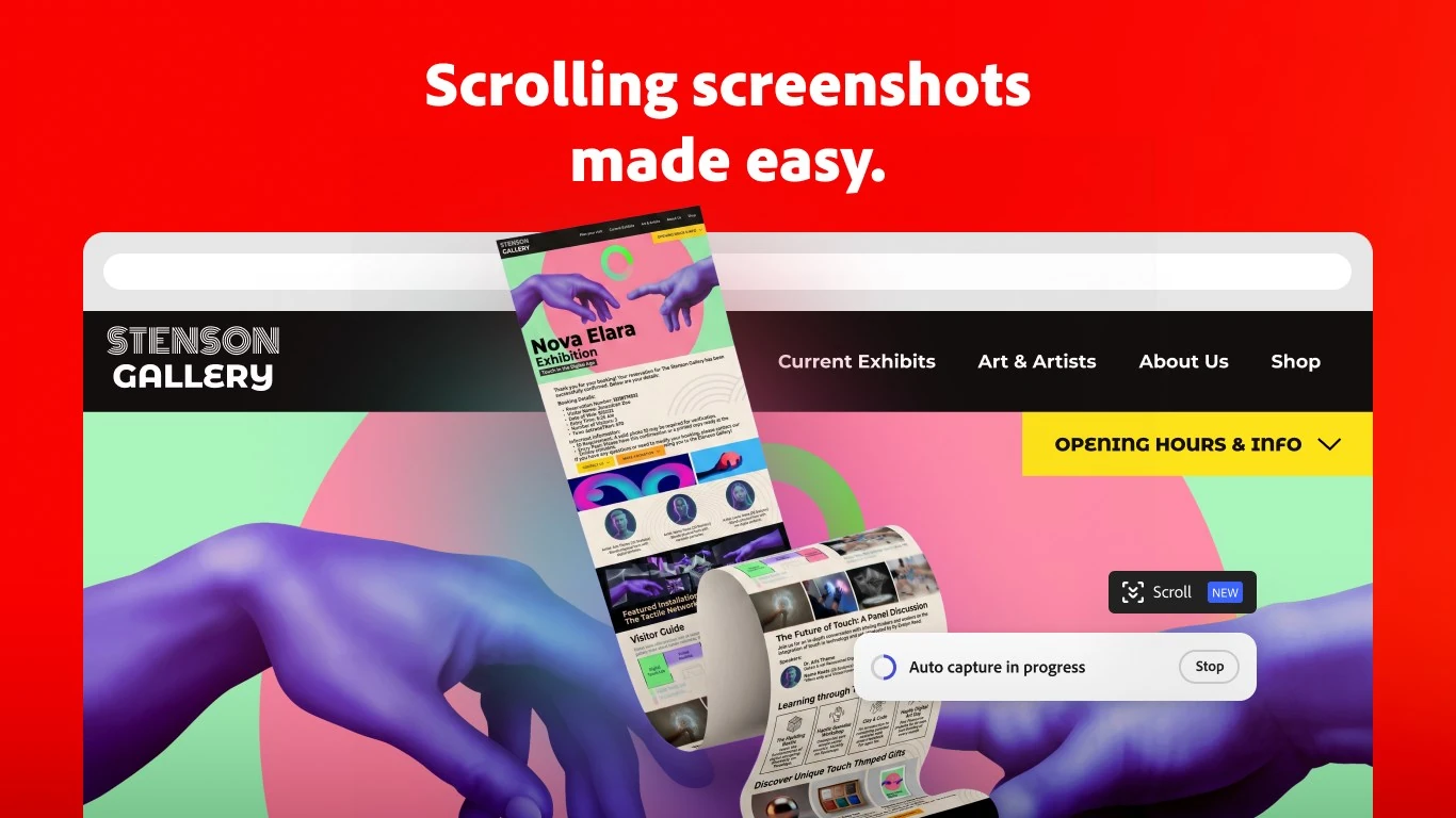 Adobe Express Photos capturing a whole scrolling gallery webpage as one long screenshot, with an Auto capture in progress notice
