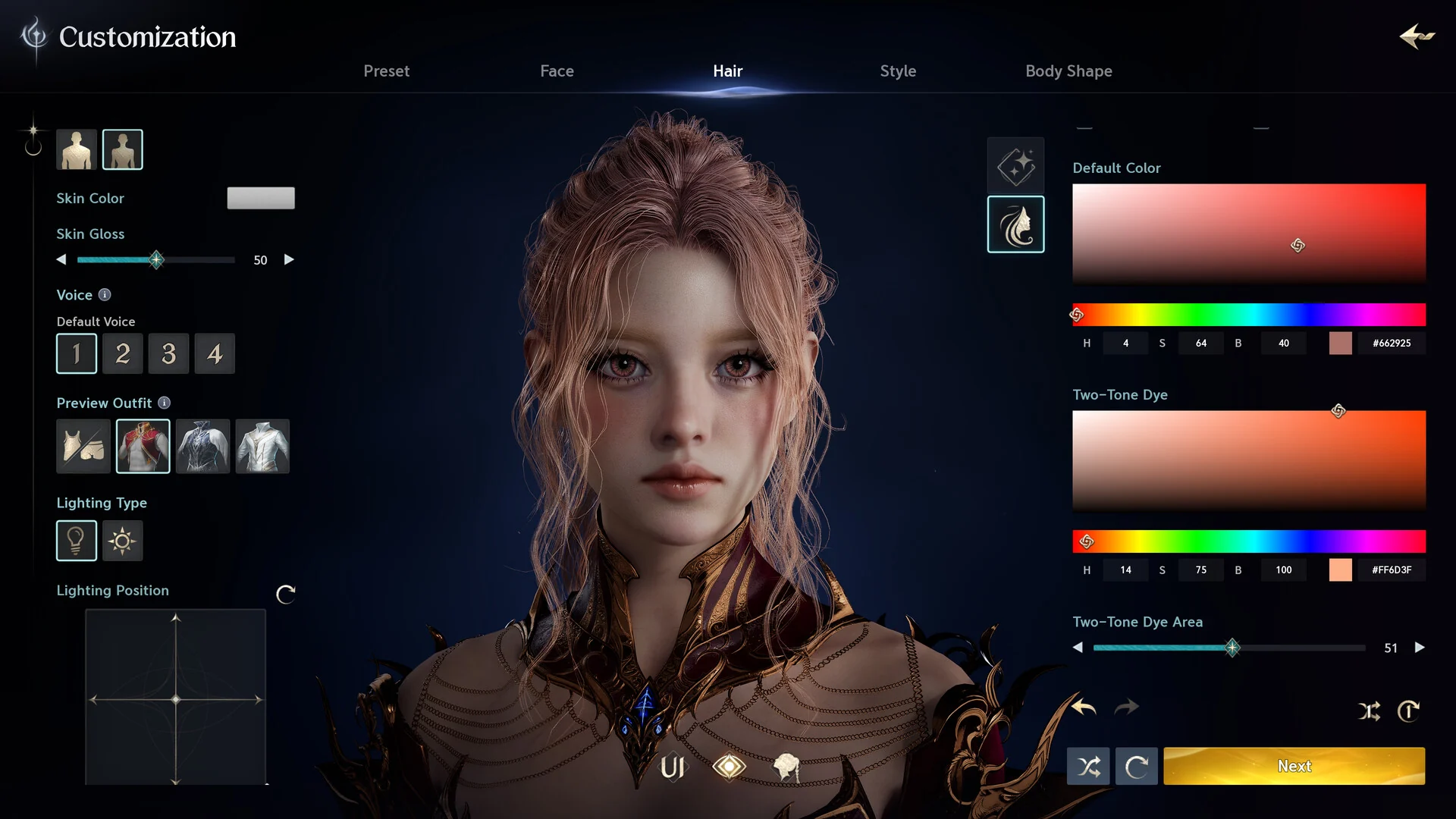 The AION 2 character customization screen on the hair tab, with color pickers beside a close-up of a female character