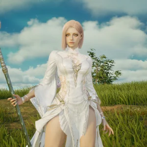 A blonde character in white robes holds a tall golden staff on a grassy hill in AION 2
