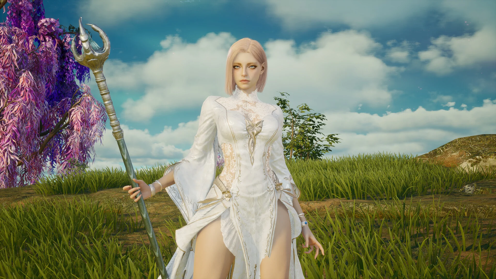 A blonde character in white robes holds a tall golden staff on a grassy hill in AION 2