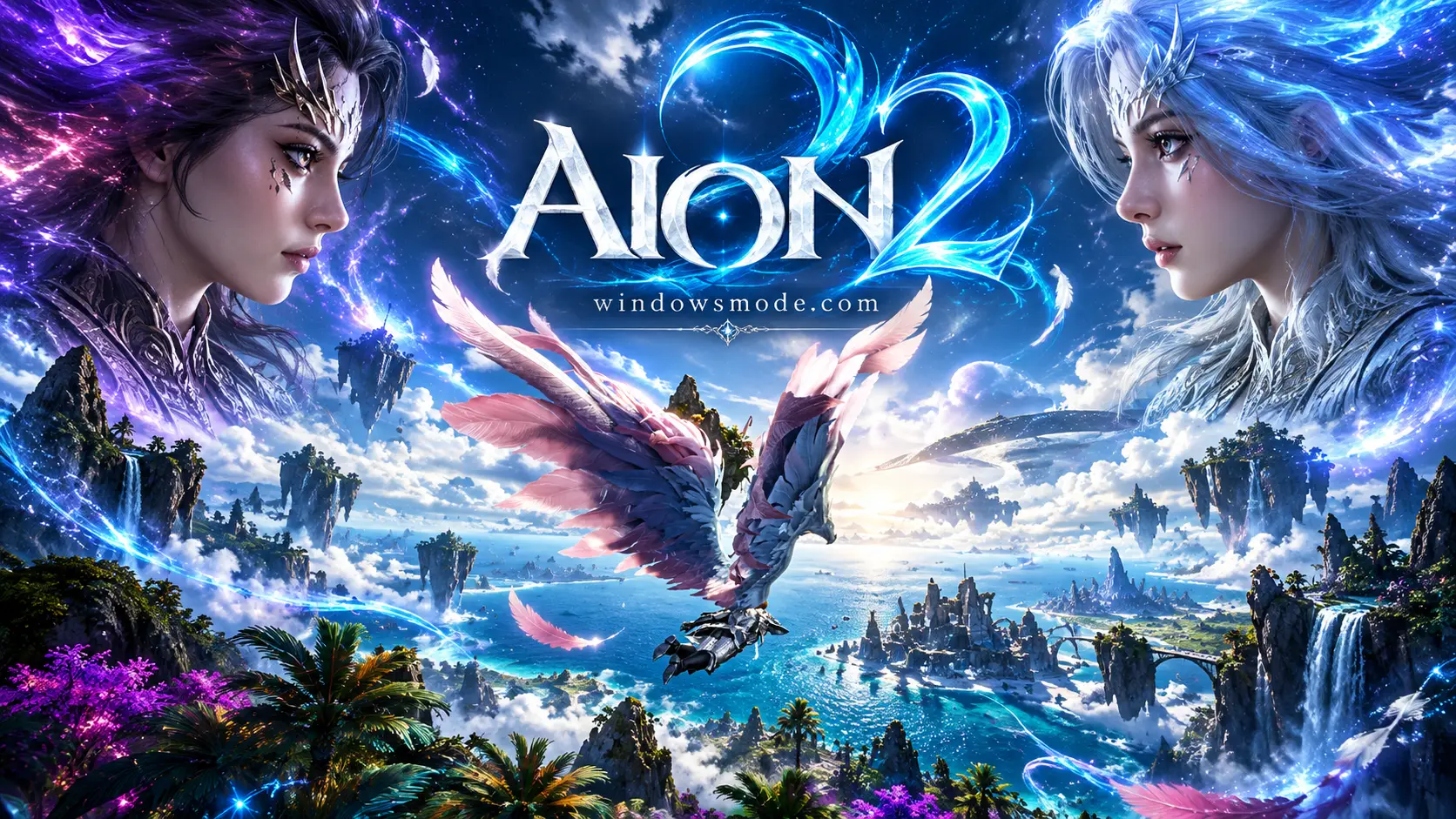 Two Daeva women, one with dark purple hair and one with silver-blue hair, face each other across the AION 2 logo above a winged rider flying over floating islands and a bright sea
