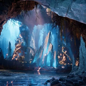 A large cave opening reveals glowing blue crystal formations and a still pool in AION 2