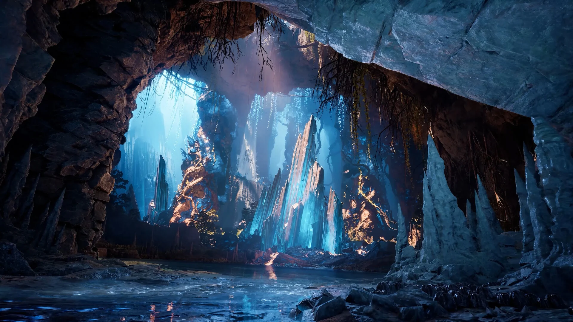 A large cave opening reveals glowing blue crystal formations and a still pool in AION 2