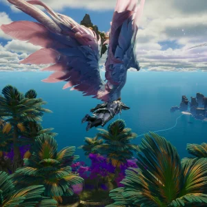 A winged character in armor flies over a bright tropical sea and jungle islands in AION 2