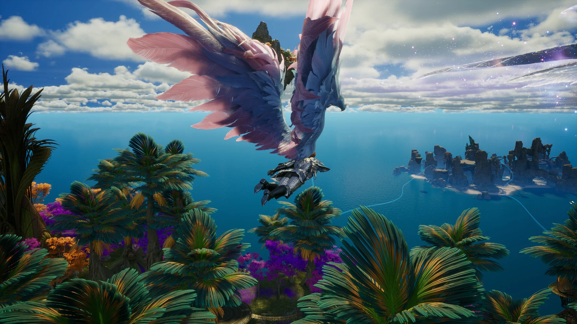 A winged character in armor flies over a bright tropical sea and jungle islands in AION 2