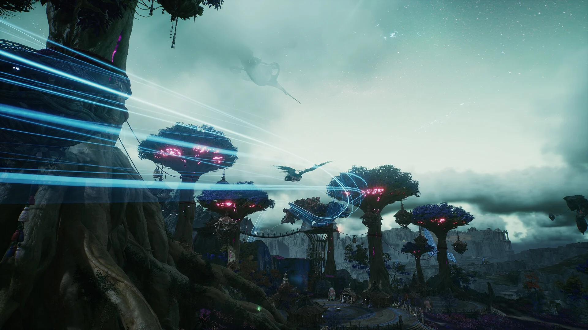 Characters leave streaks of blue light as they glide past giant mushroom-shaped trees under a stormy sky in AION 2