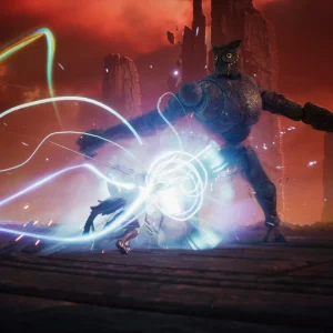 A player casts a swirl of white and blue light at a giant stone golem under a red sky in AION 2