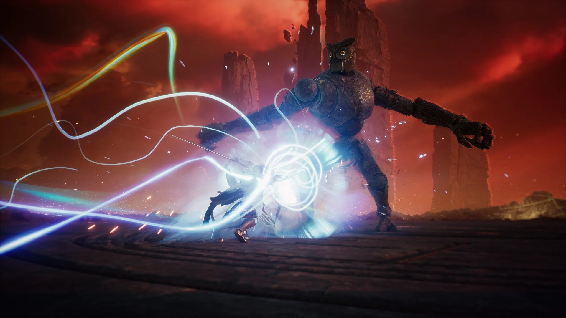 A player casts a swirl of white and blue light at a giant stone golem under a red sky in AION 2