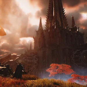 A cloaked character looks toward a towering gothic cathedral under a hazy orange sky in AION 2