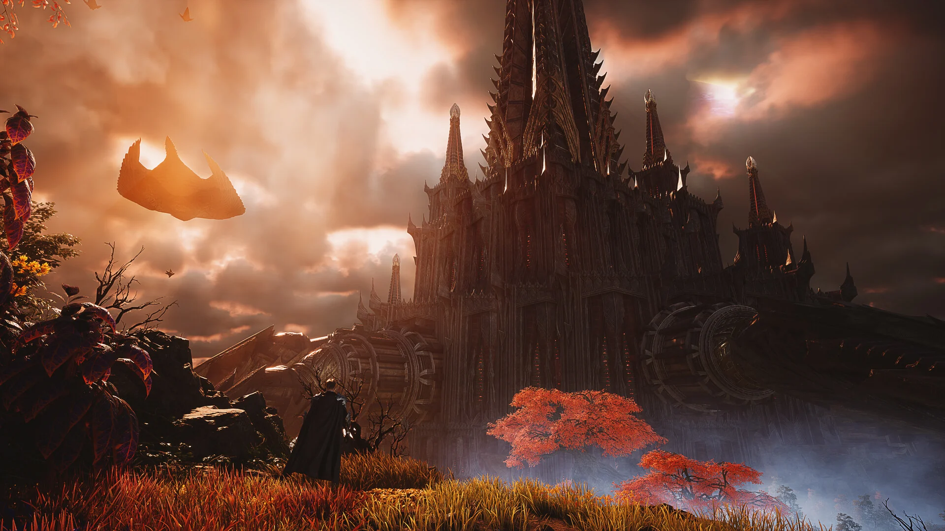 A cloaked character looks toward a towering gothic cathedral under a hazy orange sky in AION 2