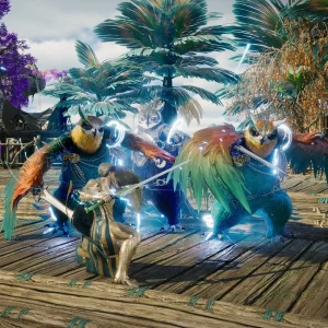 Players fight feathered beast warriors on a wooden dock surrounded by palm trees in AION 2