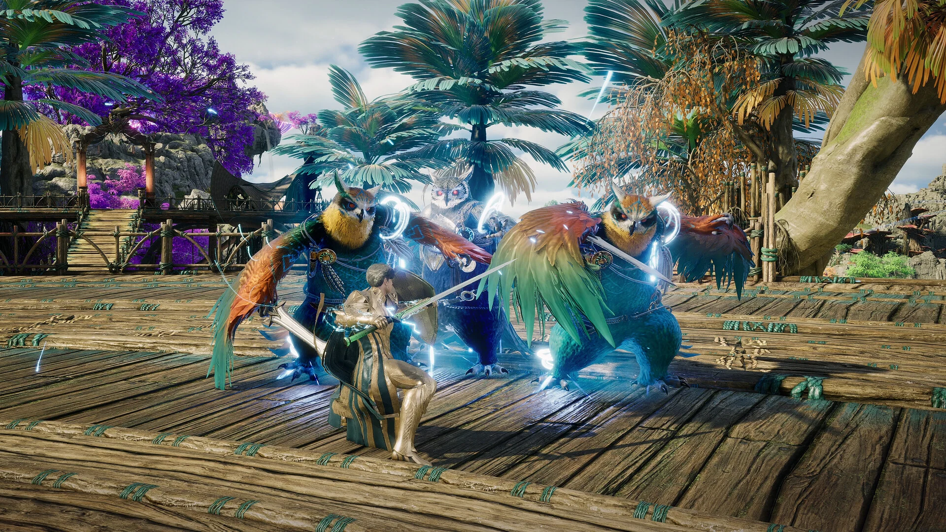 Players fight feathered beast warriors on a wooden dock surrounded by palm trees in AION 2