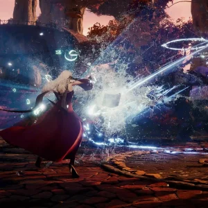 A character in a red coat unleashes a burst of ice and light in a purple forest in AION 2