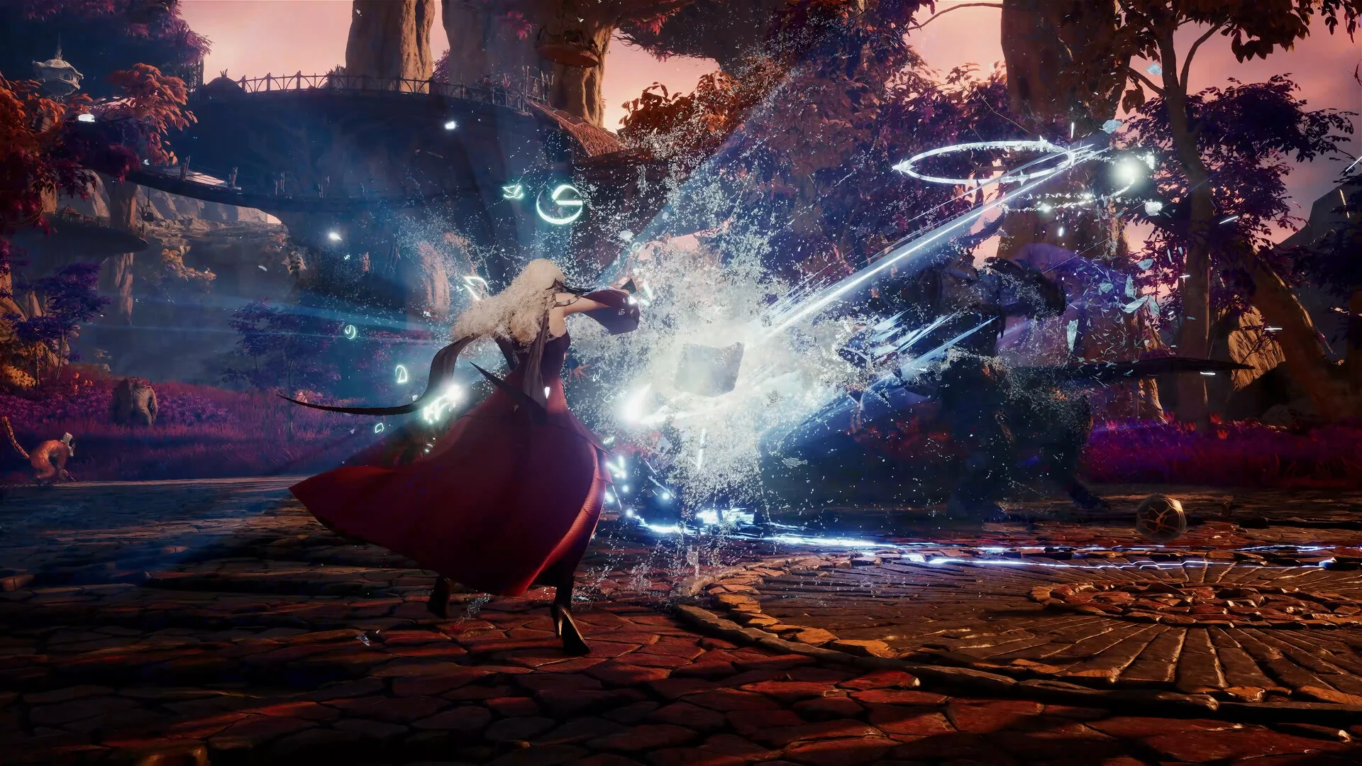 A character in a red coat unleashes a burst of ice and light in a purple forest in AION 2