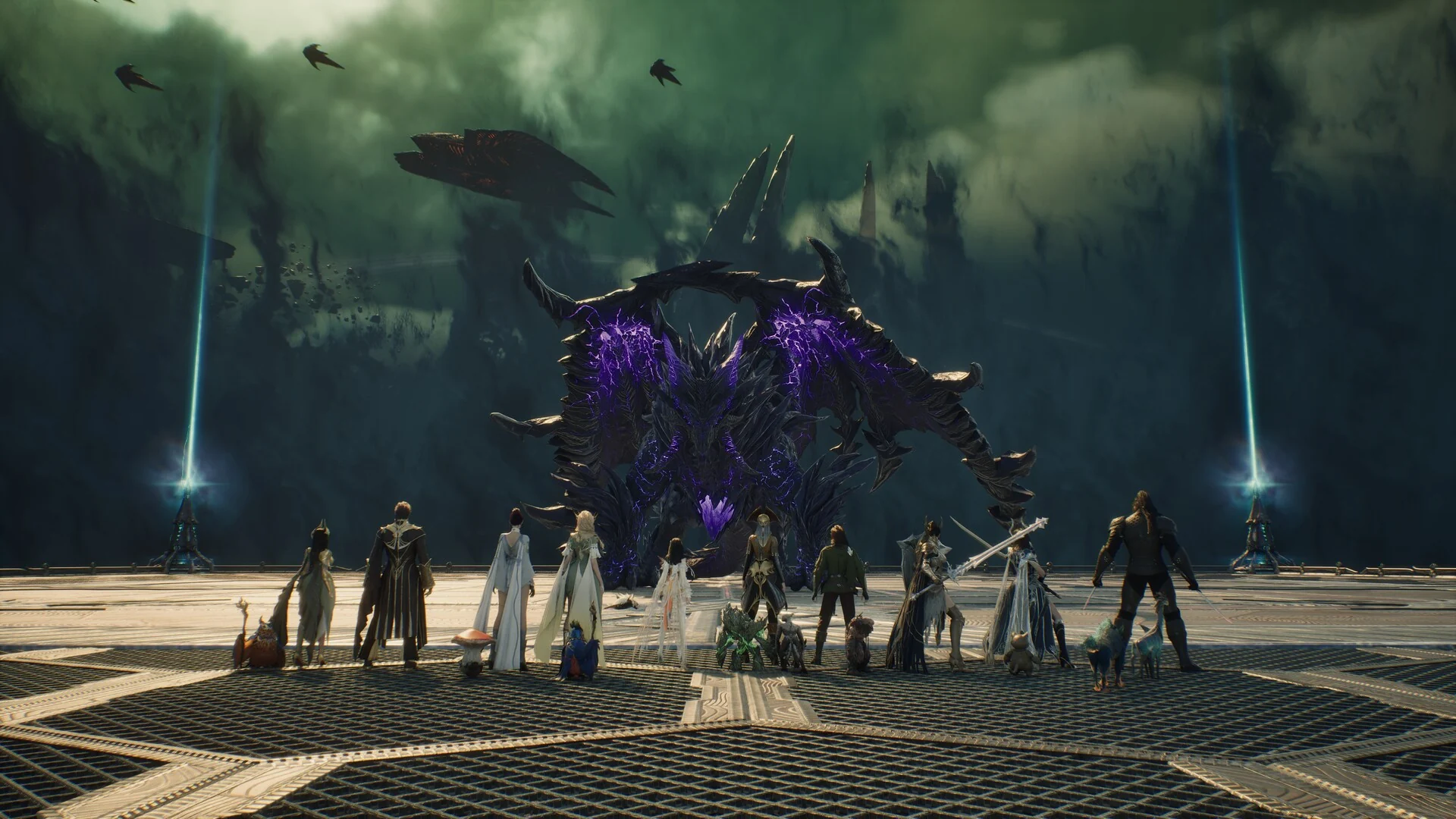A group of players stands on a metal platform facing a huge dark creature with purple crystal spikes in AION 2