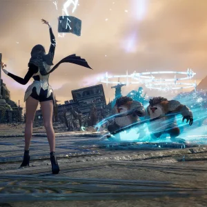 A character raises a hand to cast a spell at armored beasts among stone ruins in AION 2