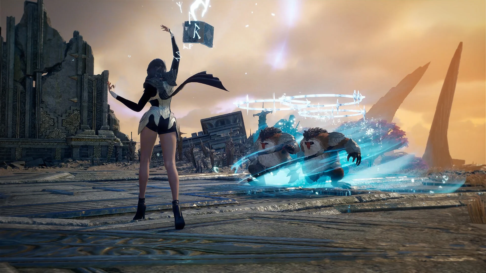 A character raises a hand to cast a spell at armored beasts among stone ruins in AION 2