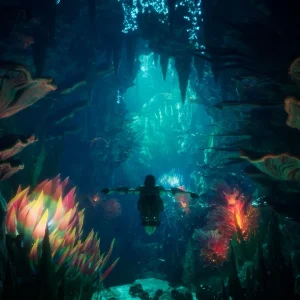 A character swims through a dark underwater cave lit by glowing coral in AION 2