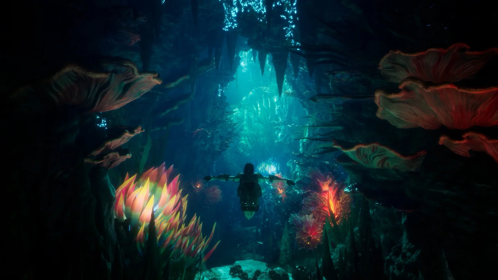 A character swims through a dark underwater cave lit by glowing coral in AION 2