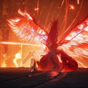 A player with a sword faces a giant boss with blazing red wings inside a fiery temple in AION 2