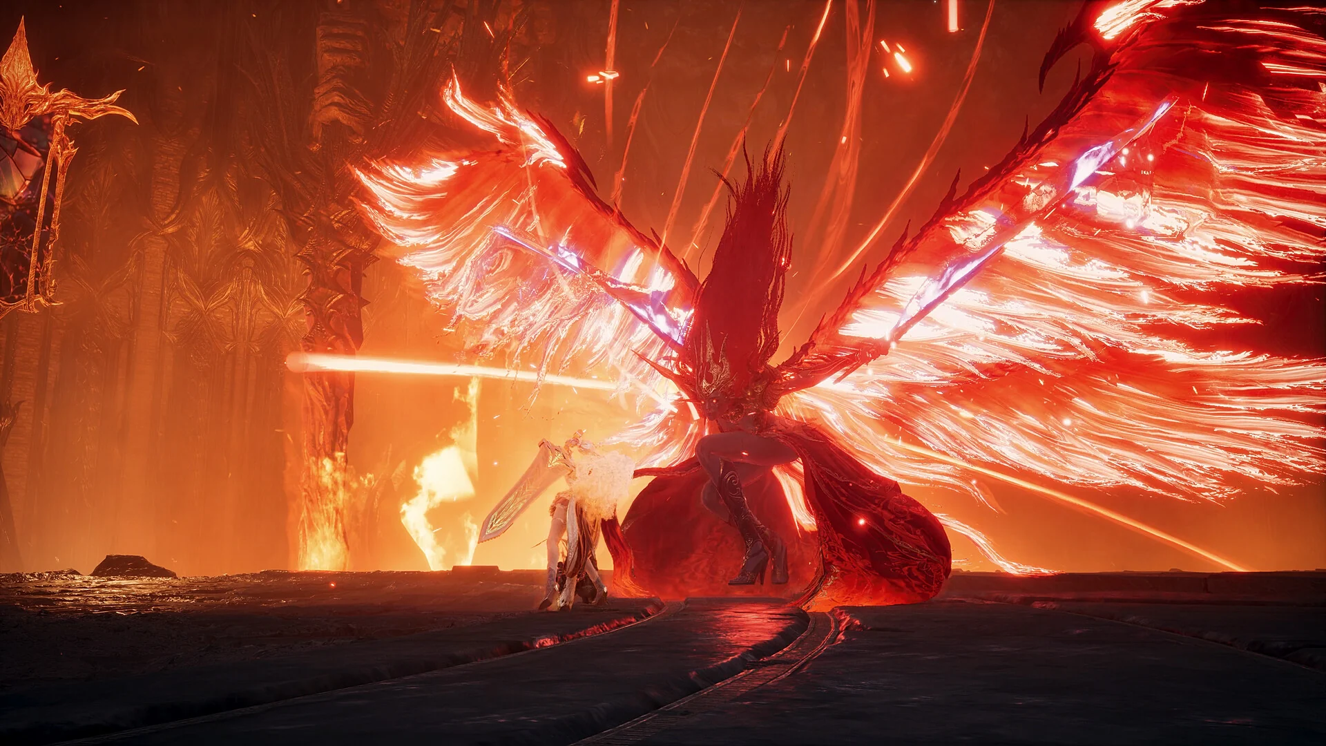 A player with a sword faces a giant boss with blazing red wings inside a fiery temple in AION 2